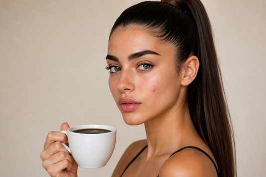 Junge Frau mit dunklem strengen Pferdeschwanz hält eine weiße Tasse Kaffee in der Hand und hat einen kleinen Pickel im Gesicht – Symbolbild für Kaffee und unreine Haut.