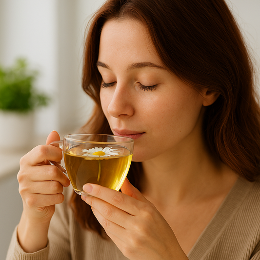 Junge Frau mit ruhiger, reiner Haut trinkt eine Tasse Kamillentee, während ein Kamillenblütenkopf im Tee schwimmt – natürliche Pflege für Haut, Gesundheit und weniger Pickel.