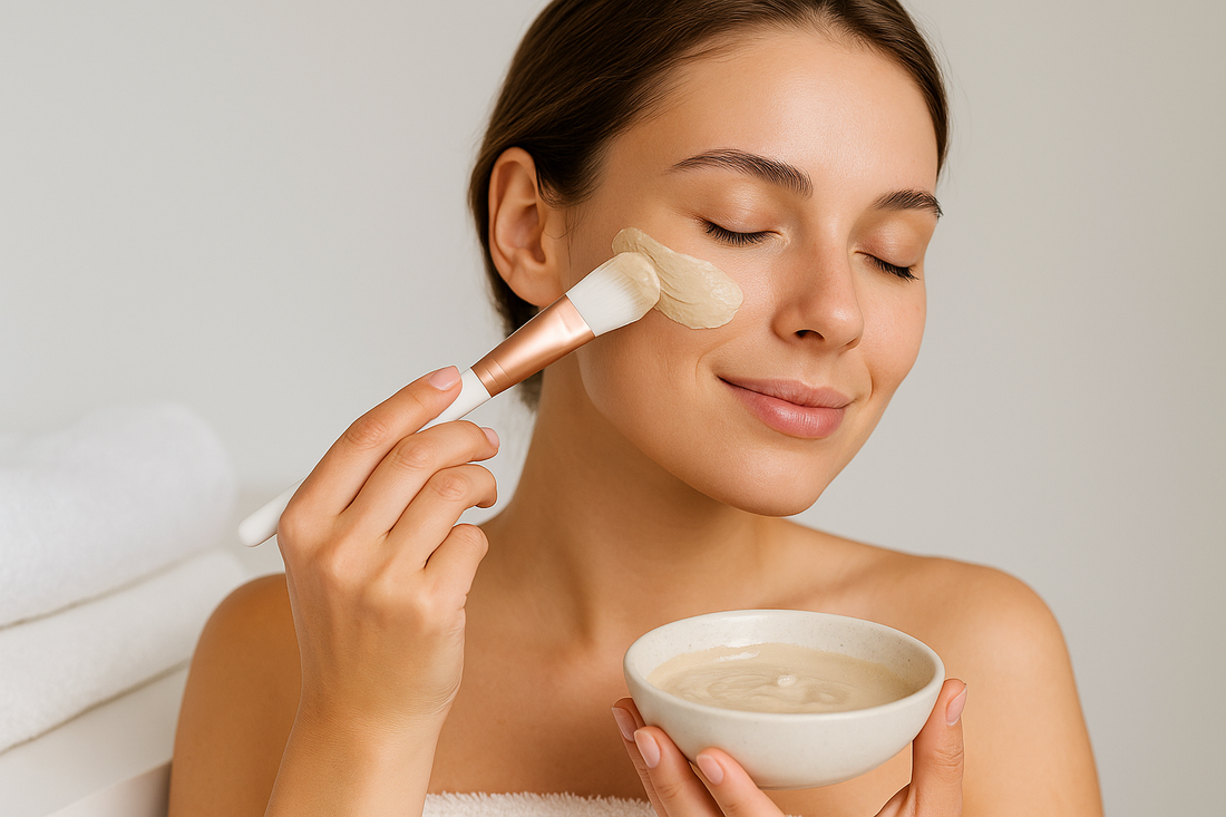 Junge Frau mit glatter, reiner Haut trägt eine cremige Kaolin-Tonerde-Maske mit einem Pinsel auf ihre Wange auf und hält eine Schale mit fertig angerührter Tonerde.