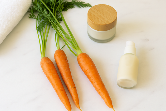 Frische Karotten neben natürlicher Hautpflege auf weißer Oberfläche – gesundes Gemüse für reine Haut, weniger Pickel und einen natürlichen Glow.