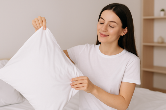  Junge Frau mit klarer Haut zieht einen frischen weißen Kissenbezug über ein Kissen in einem hellen Schlafzimmer – Symbol für Hygiene und reine Haut.