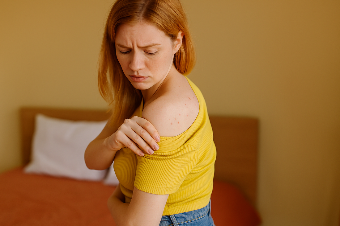 Junge Frau betrachtet ihre pickelige Schulter im Schlafzimmer und überprüft Hautirritationen durch Kleidung.