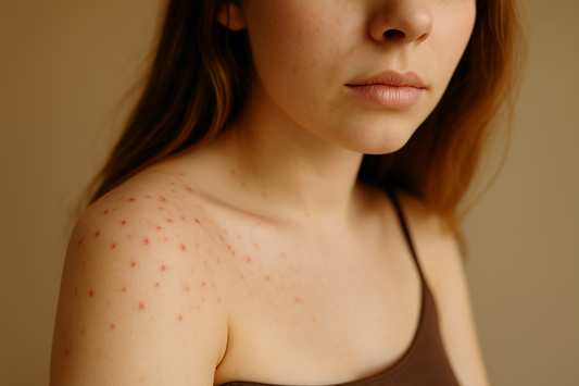 Nahaufnahme einer jungen Frau mit kleinen roten Punkten und Hautirritationen auf der Schulter vor neutralem Hintergrund