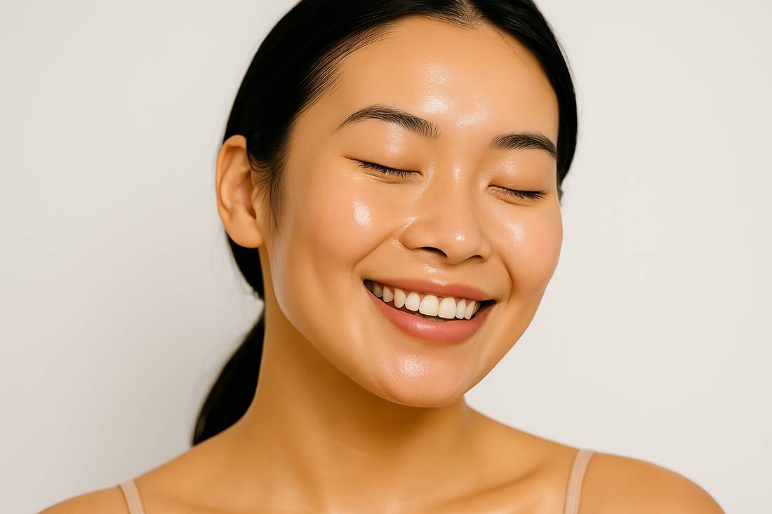 Junge asiatische Frau mit strahlender Glass Skin, die eine Creme auf ihre Wange aufträgt, vor weißem Hintergrund