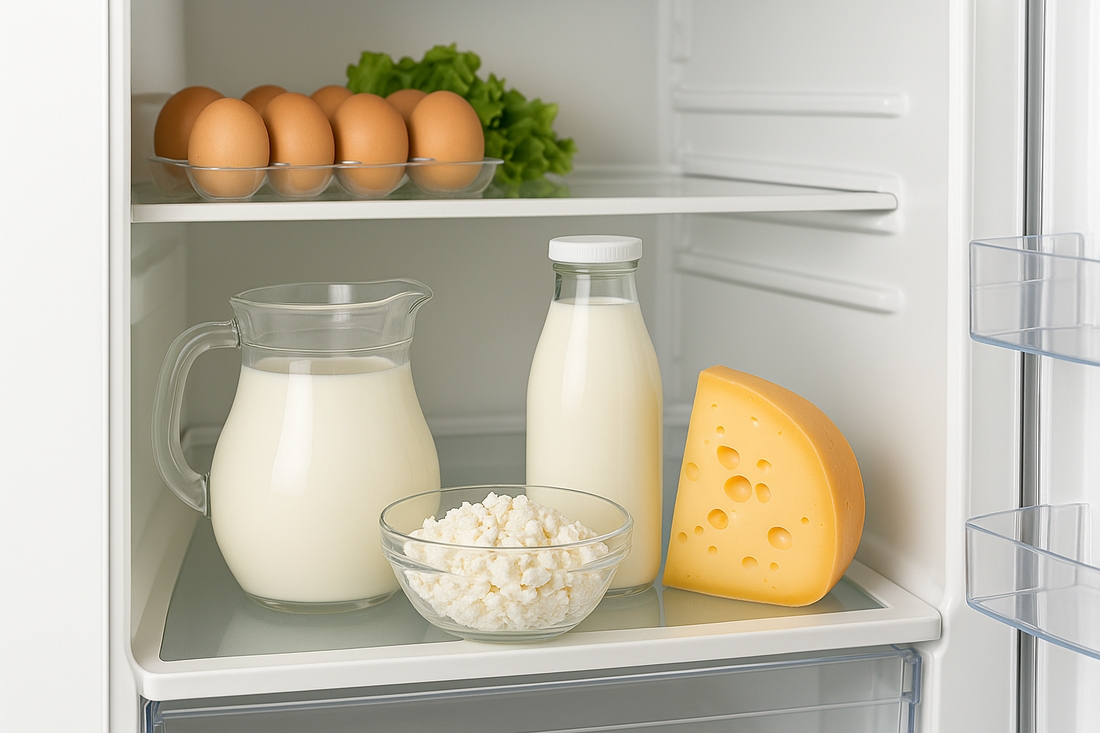 Offener Kühlschrank mit verschiedenen Milchprodukten wie Käse, Milch und Joghurt als Symbolbild für Ernährung und Hautprobleme