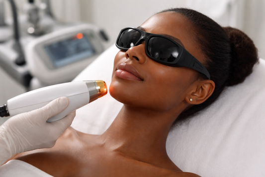 Laserbehandlung im Gesicht bei dunkler Haut mit Schutzbrille – sichere ästhetische Behandlung für Fitzpatrick Hauttypen 4 bis 6