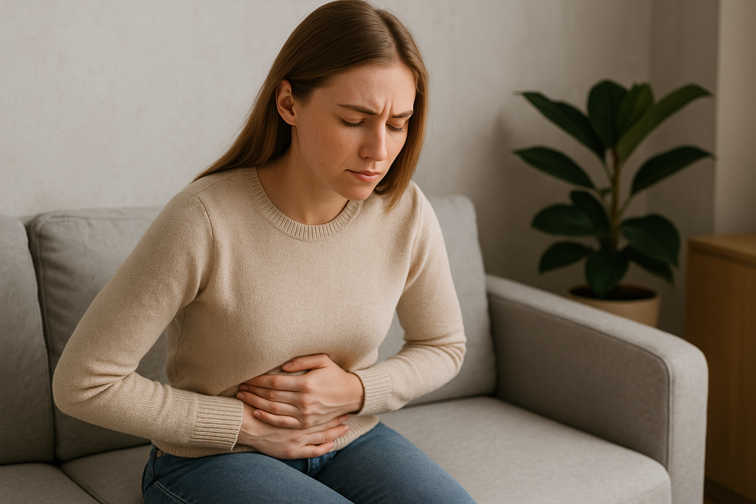 Frau mit neutralem Ausdruck hält den Bauch vor leichtem Unwohlsein, sitzt auf einem Sofa in einer hellen Umgebung, neutrales Farbschema passend zum Thema Darm-Haut-Verbindung.