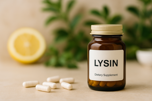 Braunes Glasfläschchen mit Lysin-Kapseln auf heller natürlicher Oberfläche, umgeben von Zitronenhälfte und grünen Pflanzen, symbolisch für natürliche Unterstützung bei hormoneller Akne.