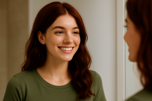 Hübsches Mädchen mit mittel-langen dunkelroten gewellten Haaren und strahlend reiner Haut schaut lächelnd in den Badezimmerspiegel und trägt ein grünes Oberteil.