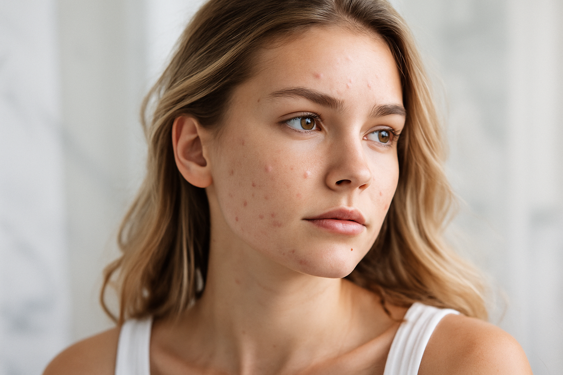 Junges hübsches Mädchen mit wenigen sichtbaren Pickeln im Gesicht im Querformat