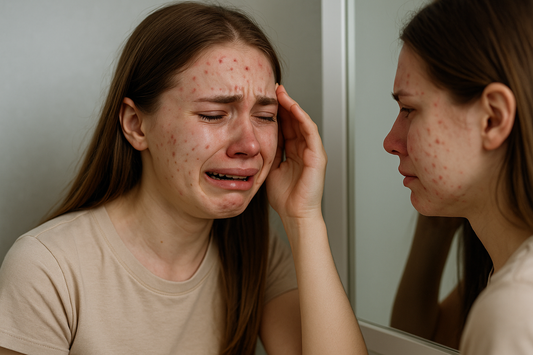 Junge Frau mit starker Akne, die weinend vor dem Spiegel steht und verzweifelt wirkt, während sie ihr Gesicht berührt.