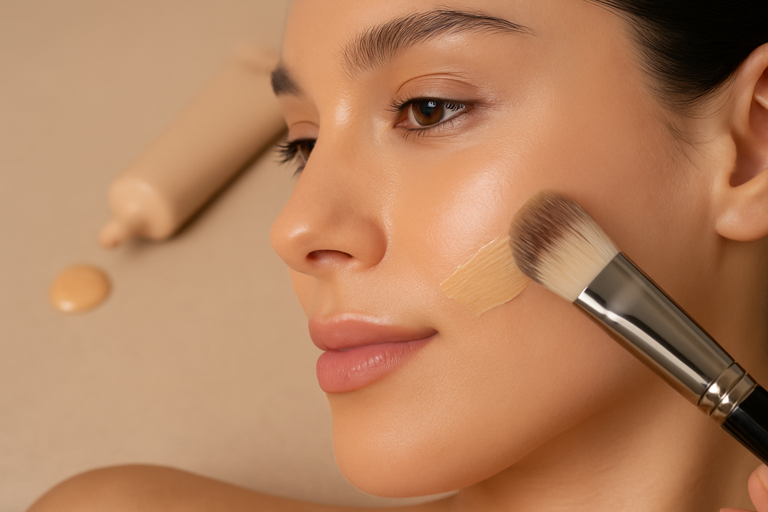 Nahaufnahme einer glatten, natürlichen Haut, während ein Make-up-Pinsel flüssige Foundation auf die Wange aufträgt.