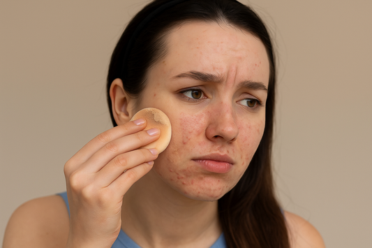 Frau mit unreiner Haut trägt Make-up mit einem Schwämmchen auf und wirkt unzufrieden.