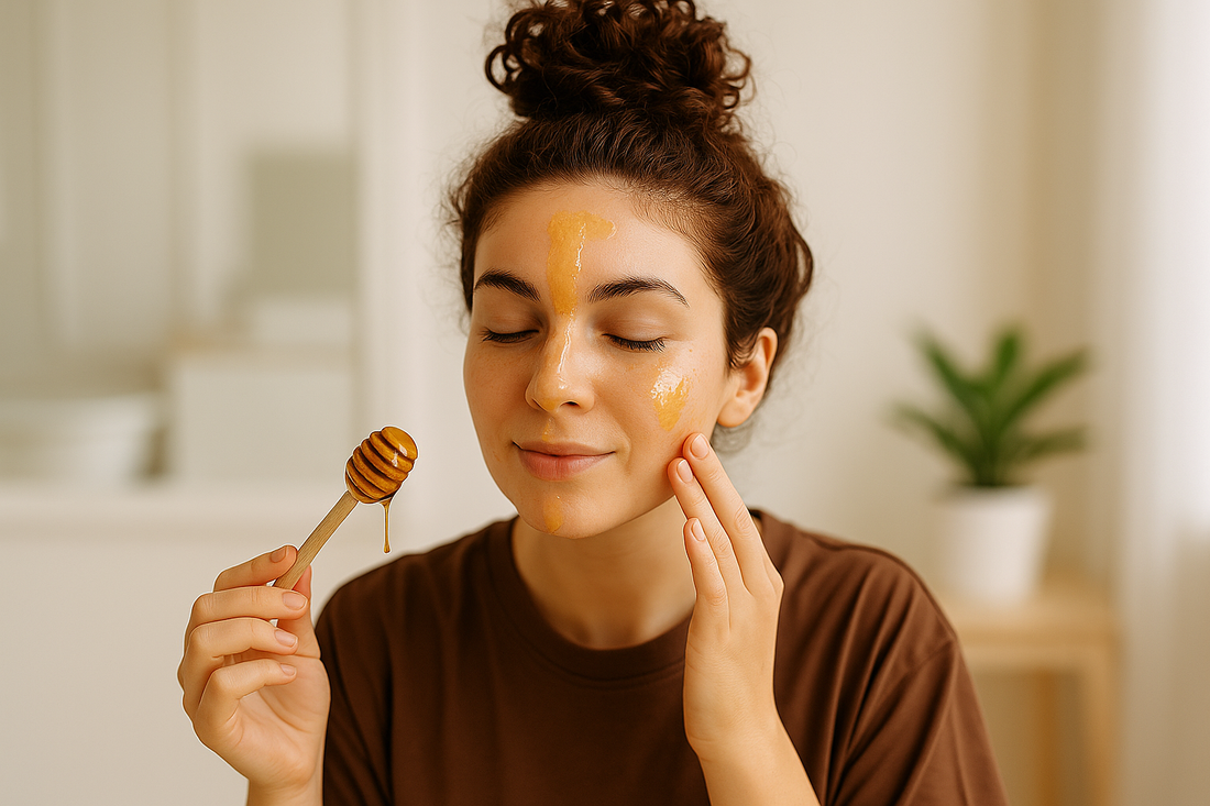 Junge Frau mit dunkelroten Locken im Dutt trägt ein braunes Oversize-T-Shirt und trägt eine goldgelbe Manuka-Honig-Maske im Gesicht auf – natürliche Hautpflege für reine Haut.