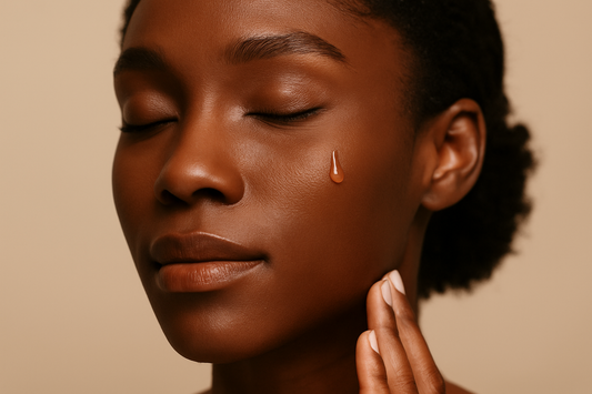 Nahaufnahme einer wunderschönen schwarzen Frau mit geschlossenen Augen und glatter, melaninreicher Haut; ein transparenter Serumtropfen liegt auf ihrer Wange, während sie ihr Gesicht sanft berührt.