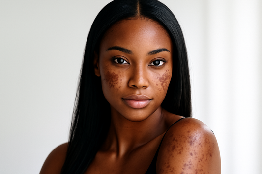 Portrait einer hübschen dunkelhäutigen Frau mit offenem Mittelscheitel, sichtbarem Melasma im Gesicht und an den Schultern, vor hellem Hintergrund in weichem Licht.