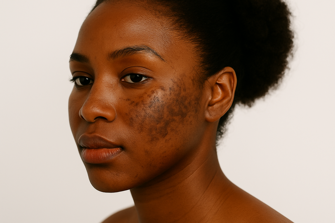 Dunkelhäutige Frau mit Afro-Dutt, deutlichem Melasma auf der Wange, Seitenansicht, neutrales Licht und heller Hintergrund.