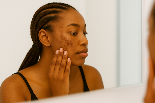 Dunkelhäutige Frau mit braunen Cornrows betrachtet abends im hellen Badezimmer ihr Gesicht im Spiegel; sichtbare Melasma-Pigmentflecken auf Wange und Schulter, heller Hintergrund.