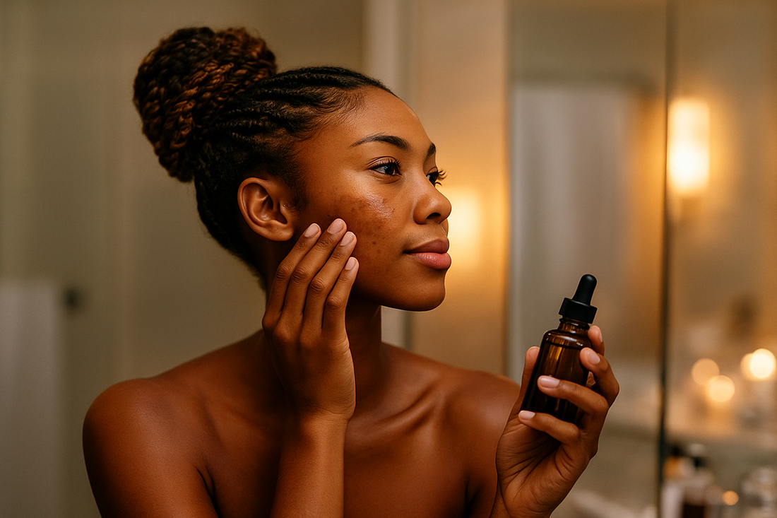 Dunkelhäutige Frau mit Afro-Dutt trägt abends im Badezimmer ein Serum auf ihr Gesicht auf; Melasma auf der Wange sichtbar.