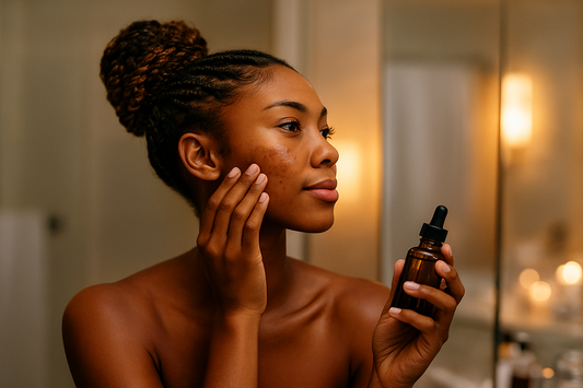 Dunkelhäutige Frau mit Afro-Dutt trägt abends im Badezimmer ein Serum auf ihr Gesicht auf; Melasma auf der Wange sichtbar.