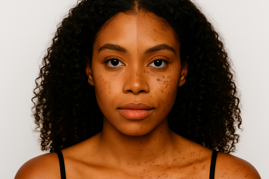 Hübsche dunkelhäutige Frau mit lockigen Haaren und Mittelscheitel, im Portrait vor hellem Hintergrund; auf einer Gesichtshälfte sichtbares Melasma unter dem Auge, auf der anderen typische Hyperpigmentierung.