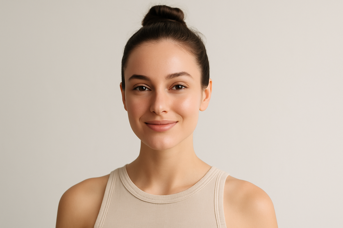 Junge Frau mit glatter, strahlender Haut im Clean-Beauty-Stil, heller neutraler Hintergrund, dezenter Glow – ideal zur Darstellung der Wirkung von Methionin auf die Haut.