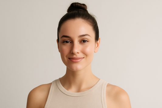 Junge Frau mit glatter, strahlender Haut im Clean-Beauty-Stil, heller neutraler Hintergrund, dezenter Glow – ideal zur Darstellung der Wirkung von Methionin auf die Haut.