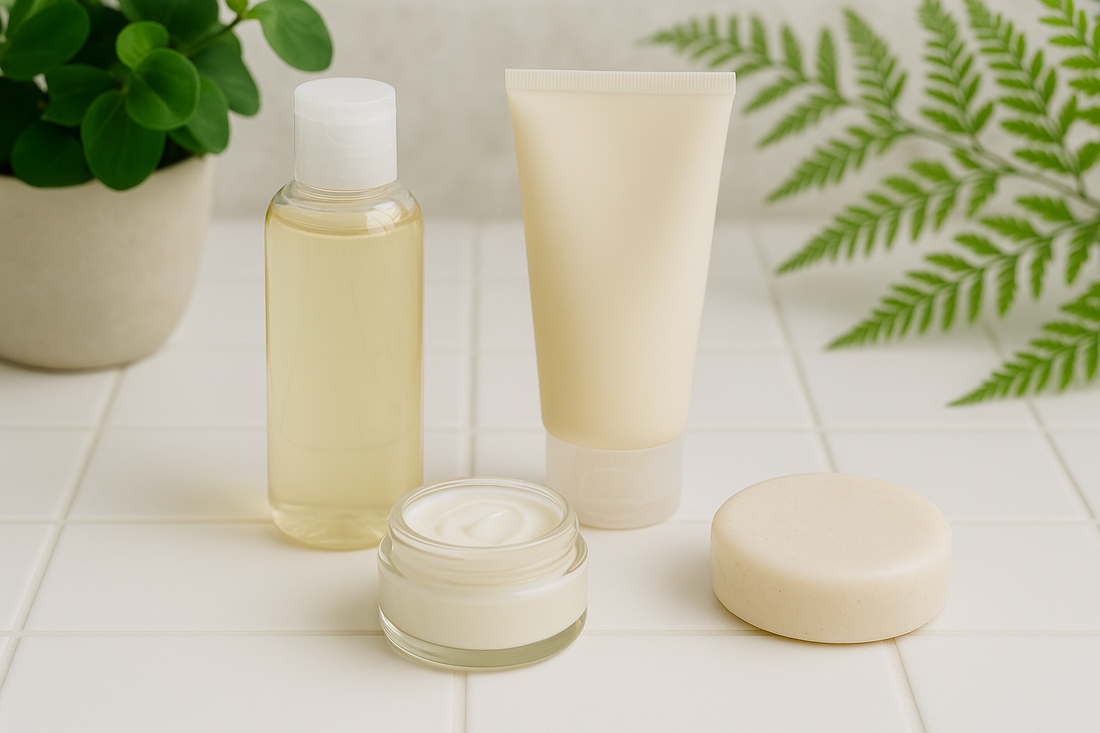 Milde natürliche Hautpflegeprodukte auf hellen Fliesen mit grünen Pflanzen – Symbol für sanfte Pflege bei unreiner Haut im Querformat.