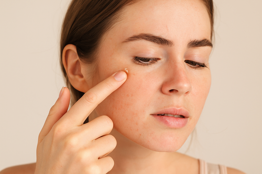 Frau betrachtet eine kleine Milie unter dem Auge und berührt vorsichtig die Haut, Nahaufnahme im neutralen Licht