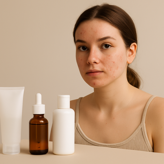 Junge Frau mit leichter Akne vor neutralem Hintergrund, neben minimalistischen Hautpflegeprodukten, natürliches und neutrales Beauty-Motiv ohne Text auf dem Bild