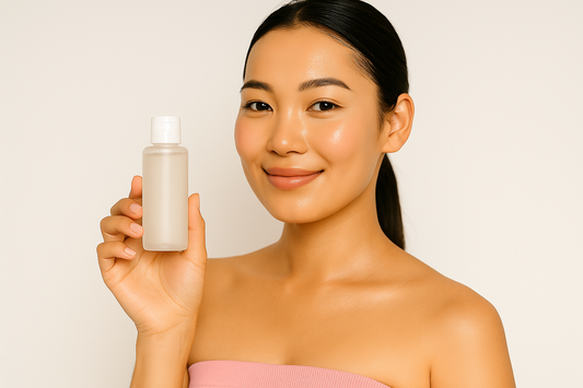 Junge asiatische Frau mit strahlender Glass Skin, die ihre minimalistische Hautpflegeroutine in den Händen hält, heller Hintergrund