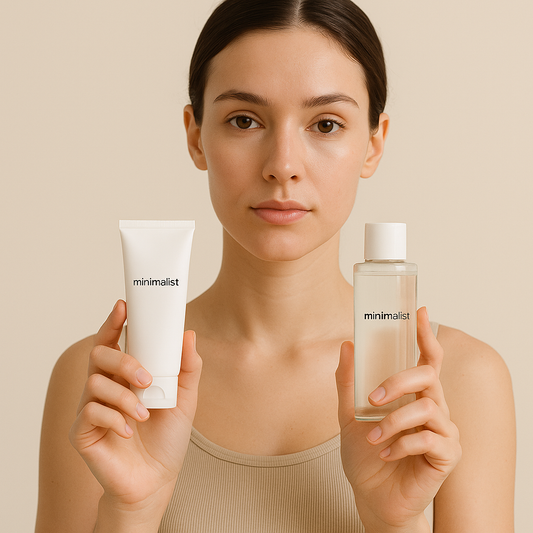 Junge Frau mit klarer Haut hält zwei minimalistische Hautpflegeprodukte vor neutralem beigen Hintergrund – Symbol für eine einfache, sanfte Hautpflegeroutine.