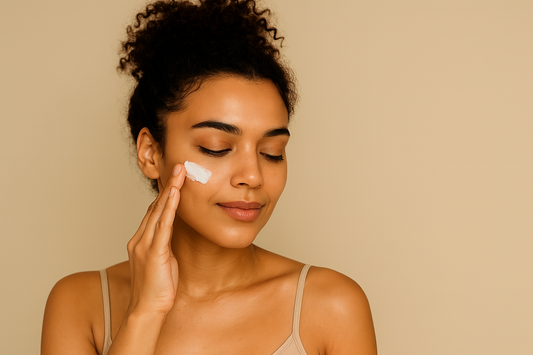 Junge Frau mit heller brauner Haut trägt sanft Gesichtscreme auf ihre Wange auf – natürliches, minimalistisches Hautpflegeritual im neutralen Ambiente.