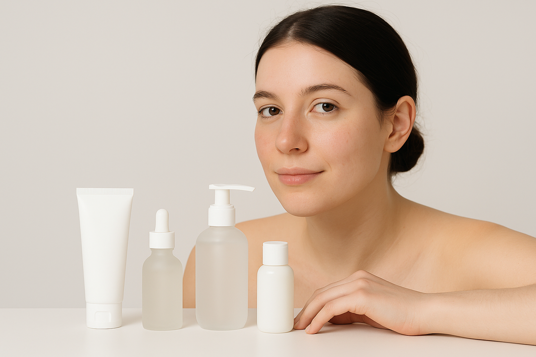 Junge Frau mit klarer Haut sitzt vor minimalistischen Hautpflegeprodukten auf hellem Hintergrund, neutrales Beauty-Motiv ohne Text auf dem Bild