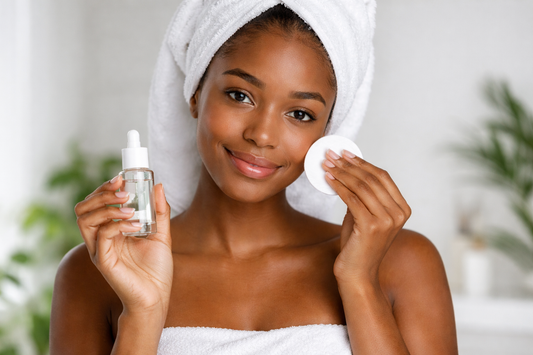 Junge Frau mit dunkler, überempfindlicher Haut trägt eine minimalistische Hautpflegeroutine auf, hält ein Serum und ein Wattepad und wirkt ruhig, gepflegt und hautschonend versorgt.