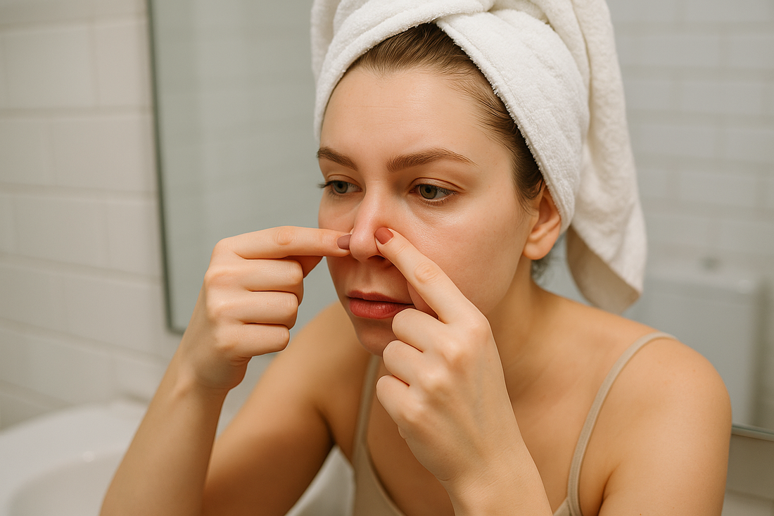 Junge Frau drückt einen Mitesser an der Nase aus und steht dabei im Badezimmer vor einem Spiegel.