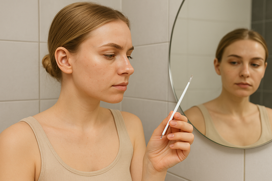 Junge Frau steht im Badezimmer und hält ein Mitesser-Entfernungstool in der Hand, schaut konzentriert in den Spiegel, neutrales Bild ohne Text