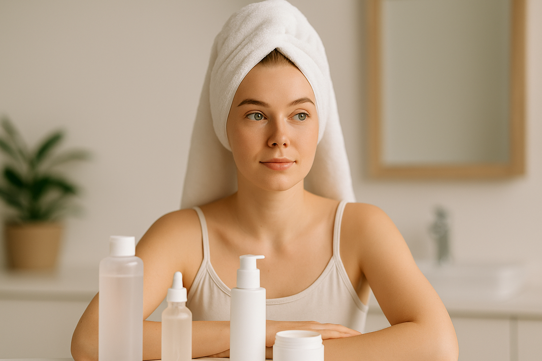 Junge Frau mit Handtuch um den Kopf trägt morgens im Badezimmer sanft ihre Gesichtspflege auf – Morgenroutine bei Pickeln und unreiner Haut.