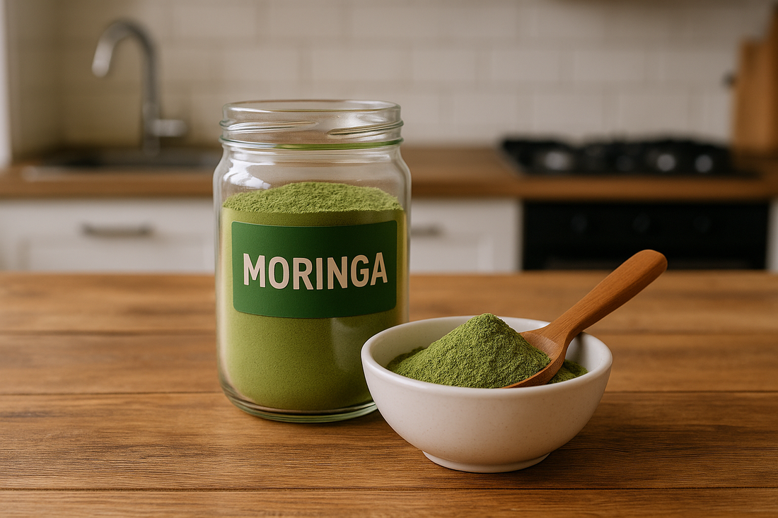 Weiße Schüssel mit grünem Moringa-Pulver und Holzlöffel auf Holztisch, im Hintergrund eine helle Küche – Symbol für Moringa als Superfood gegen Pickel und unreine Haut.