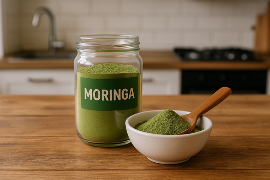 Weiße Schüssel mit grünem Moringa-Pulver und Holzlöffel auf Holztisch, im Hintergrund eine helle Küche – Symbol für Moringa als Superfood gegen Pickel und unreine Haut.