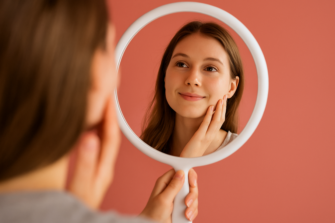 Junge Frau mit reiner Haut sitzt am Fenster und berührt sanft ihr Gesicht – Symbol für Hoffnung, Ruhe und den Weg zu gesunder, klarer Haut.