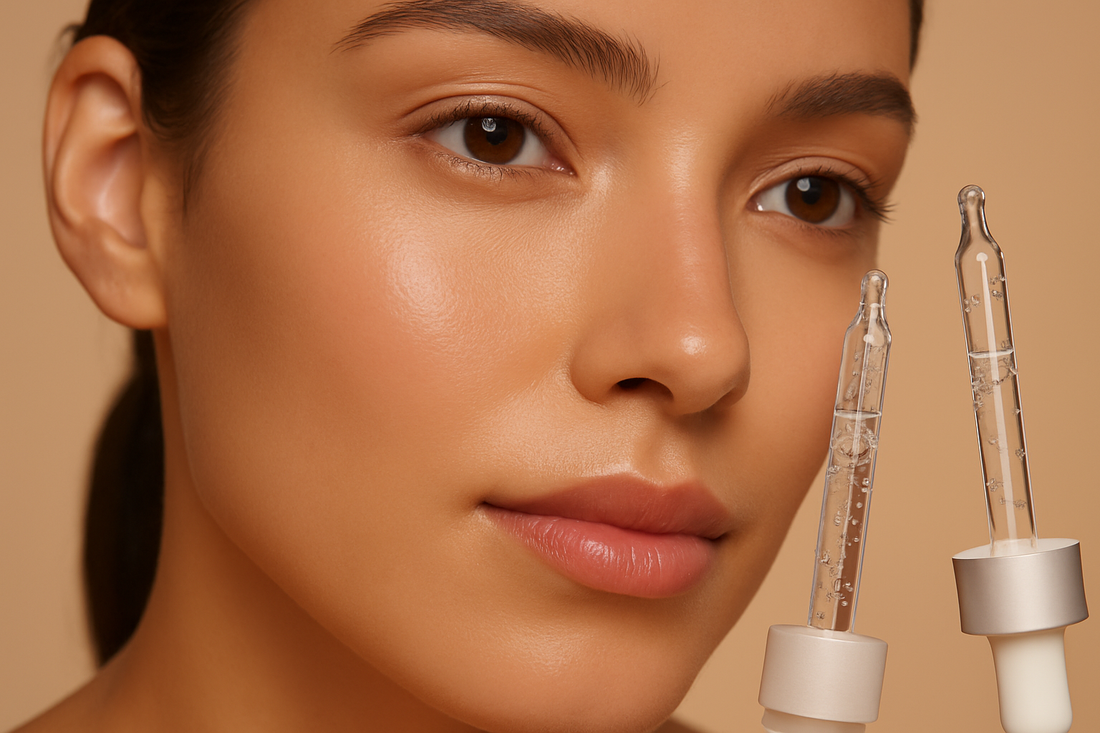 Nahaufnahme einer glatten, strahlenden Haut mit mehreren Pipetten voller Serum im Vordergrund.