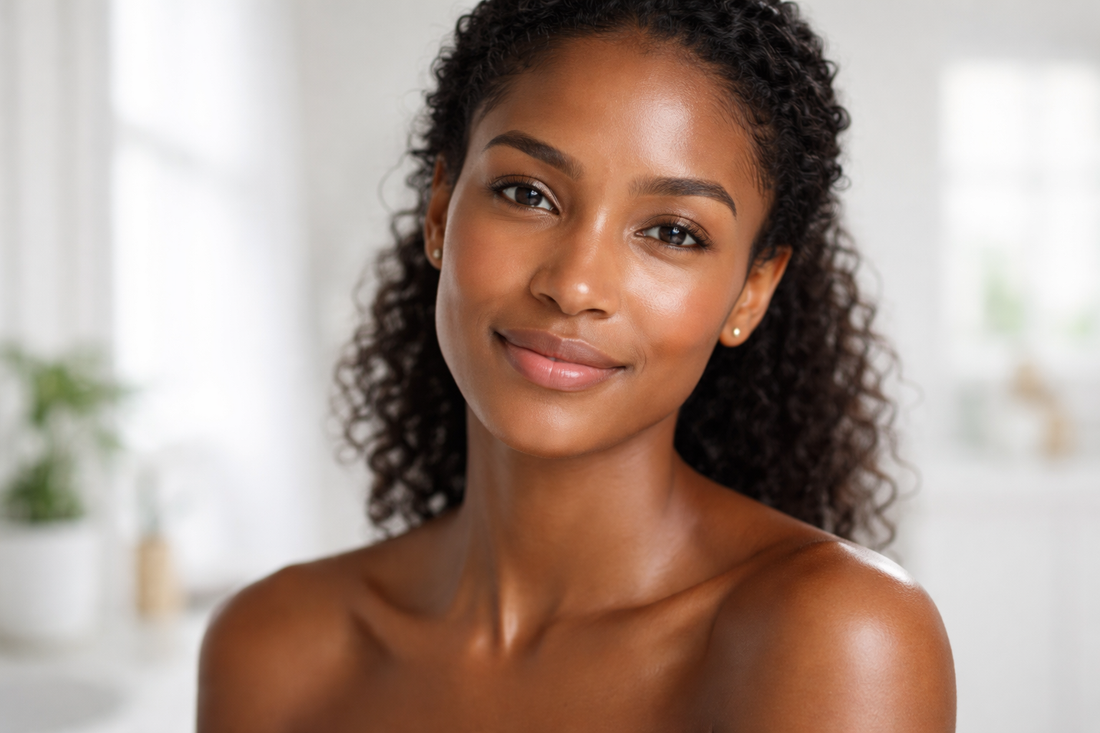 Natürliche Frau mit dunkler Haut und gleichmäßig strahlendem Glow ohne Make-up in einem hellen weißen Badezimmer mit weichem Tageslicht