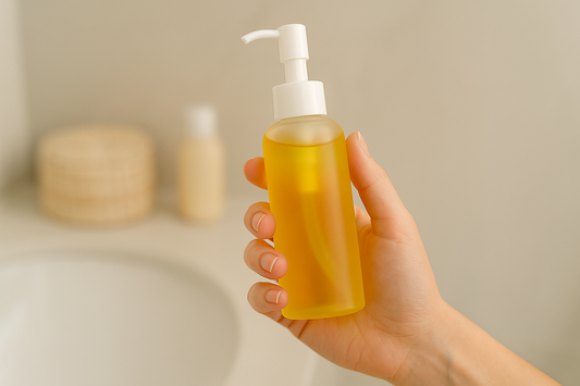 Hand hält eine Flasche mit gelbem Ölreiniger im Badezimmer vor neutralem Hintergrund