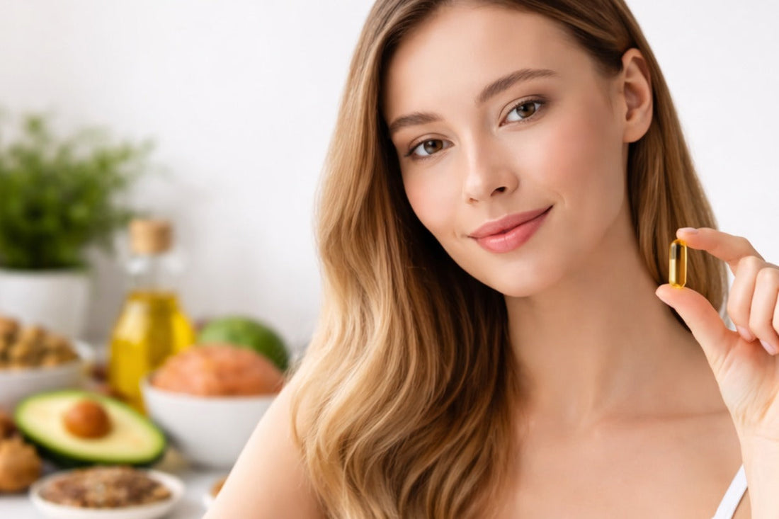 Frau hält Omega-3-Fischölkapsel in der Hand, im Hintergrund Omega-3-reiche Lebensmittel wie Lachs und Avocado 