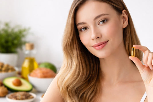 Frau hält Omega-3-Fischölkapsel in der Hand, im Hintergrund Omega-3-reiche Lebensmittel wie Lachs und Avocado 