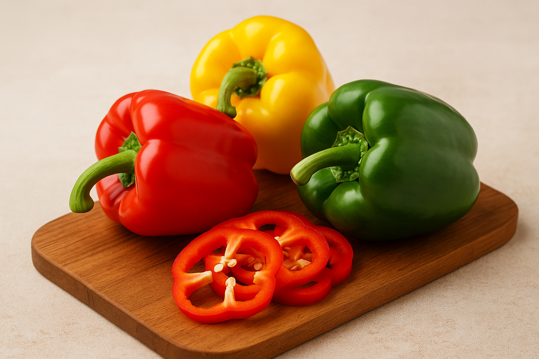 Frische rote, gelbe und grüne Paprika auf Holzbrett – reich an Vitamin C und Antioxidantien für reine, strahlende Haut.