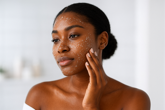 Junge schwarze Frau trägt ein körniges Peeling auf ihrem Gesicht auf; Nahaufnahme, sichtbare Textur des Peelings, glowy Haut und heller, minimalistischer Hintergrund.