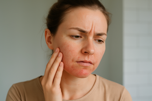 Junge Frau mit sichtbarer perioraler Dermatitis im Gesicht, die nachdenklich ihre gereizte Haut an Kinn und Wangen berührt.