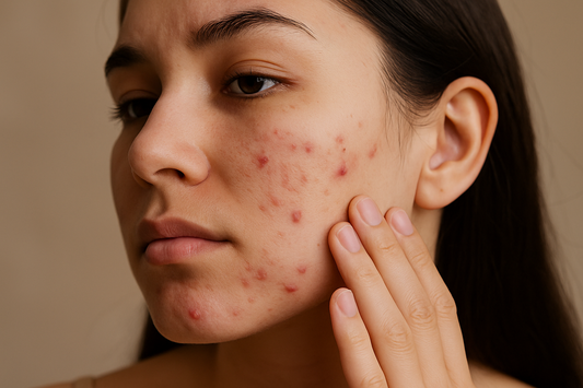 Nahaufnahme einer jungen Frau mit unreiner Haut und sichtbaren Pickeln auf der Wange, die sanft ihr Gesicht berührt